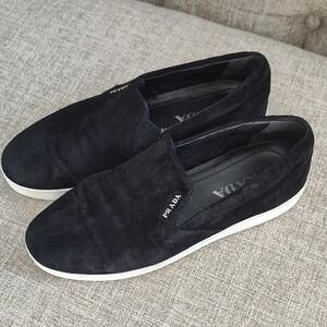 Prada Unisex Black Suede Loafers With Silver Detail